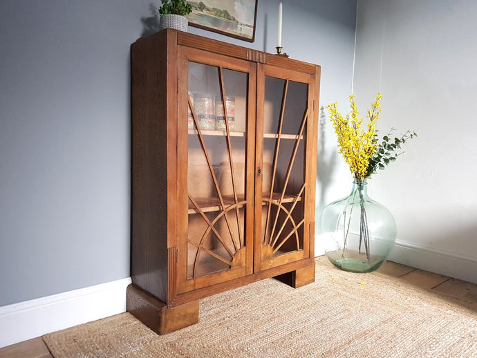 Vintage Art Deco Oak & Glass Display Cabinet - Rare